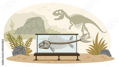 An illustration of a fish skeleton on display in a desert landscape with a dinosaur skeleton in the background.