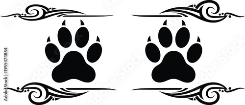 Paw prints silhouettes, symmetrical decorative flourishes, tribal ornament design, animal identity symbol, pet care theme, tattoo vector illustration