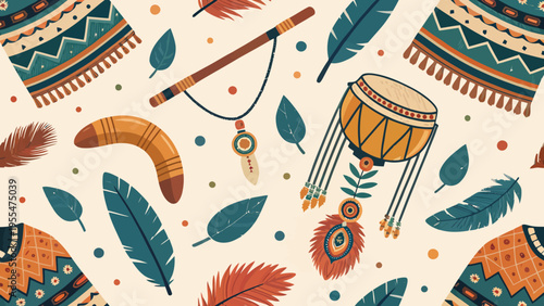 A vibrant illustration of various Native American cultural symbols and objects on a cream background