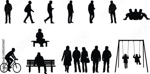 People silhouette collection, walking figures, standing poses, cycling, swing set, social interaction, everyday lifestyle, casual activities, black and white illustration