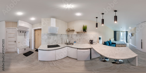 full seamless hdri 360 panorama in interior of guest living room hall in studio apartment with table chair bed kitchen and tv in equirectangular spherical projection, VR content