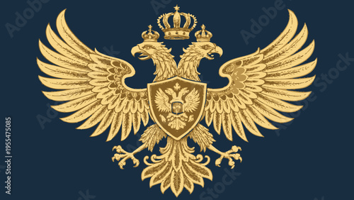 A gold double-headed eagle emblem with a shield and crowns on a dark blue background