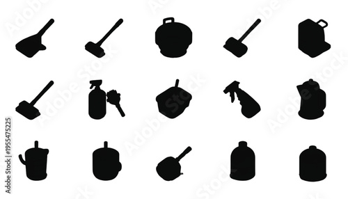 Black silhouettes of various household items and cleaning products are neatly arranged on a bright white.