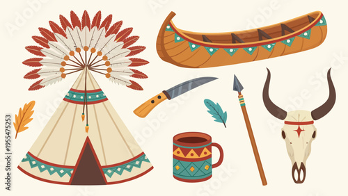 A colorful illustration of Native American cultural symbols and objects on a plain background