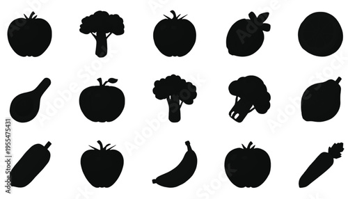 Multiple fruit and vegetable silhouettes are neatly arranged in a grid pattern on a clean white background.