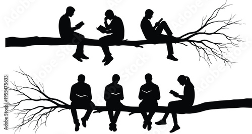 Reading silhouettes on tree branches, people studying outdoors, education concept illustration, knowledge and learning art, peaceful solitude, literature lovers