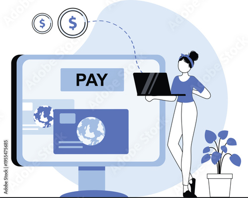 Digital Payment Illustration Set – Online Transactions, Fintech, Mobile Payment, Banking App Flat Vector Characters Blue Theme