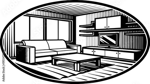 Modern living room interior features a textured sofa, low coffee table, and mounted television unit.