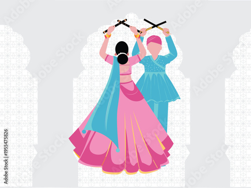 Indian Garba Dandiya Illustration Set – Navratri Festival Dance, Traditional Folk Dance, Cultural Celebration Flat Vector