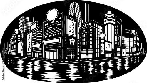 Downtown city street scene shows illuminated storefronts reflecting brightly on wet pavement at night.