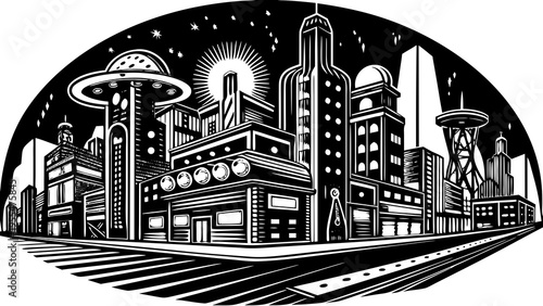 Futuristic cityscape illustration depicts tall buildings under a starry night sky with bright light.