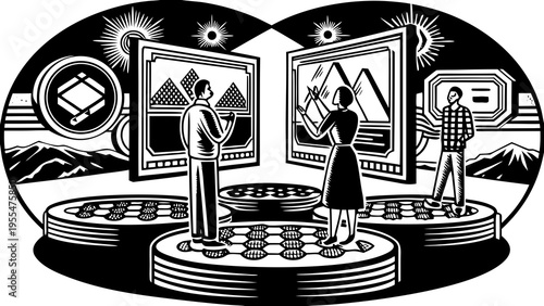 People interact with holographic digital projections on futuristic circular platforms in a high-tech.