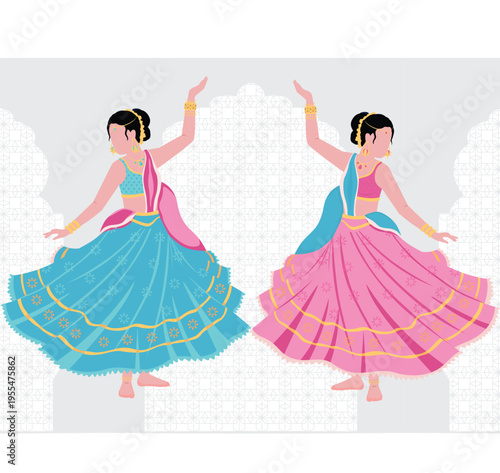Indian Garba Dandiya Illustration Set – Navratri Festival Dance, Traditional Folk Dance, Cultural Celebration Flat Vector