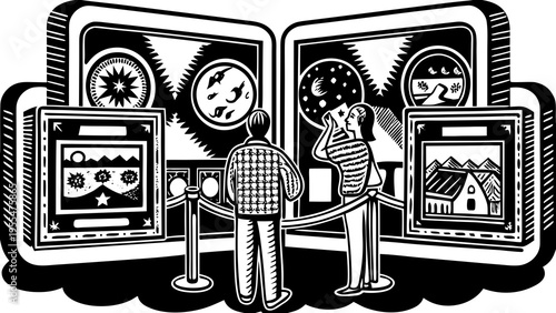 A couple observes various artistic displays while standing behind velvet ropes in a gallery setting.