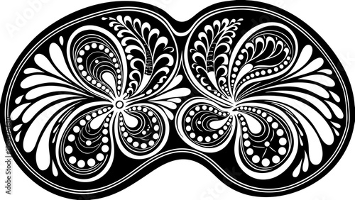 Elaborate mirrored baroque design displays flowing white acanthus leaves and dotted teardrop shapes on.