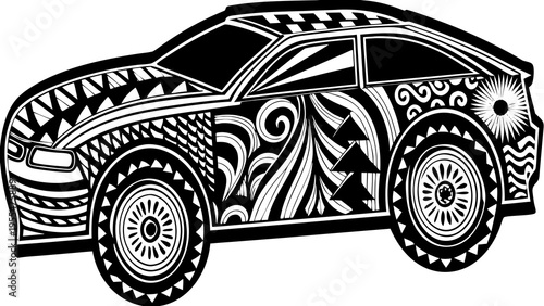 Sporty hatchback car features intricate black and white tribal tattoo patterns covering its entire.