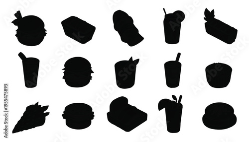 A diverse collection of black silhouettes featuring popular fast food items and refreshing beverages is.