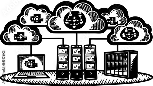 Cloud computing infrastructure connects servers, a laptop, and network diagrams in a monochrome.