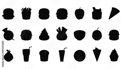An assortment of black silhouettes showcasing various fast food items, drinks, and desserts is displayed on.