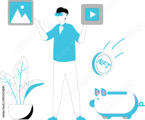 NFT Token Illustration Set – Blockchain Marketplace, Crypto Art, Digital Assets, Web3 Technology Flat Vector Characters Blue Theme