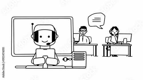 Friendly robot customer service agent communicates with a human team in the background.