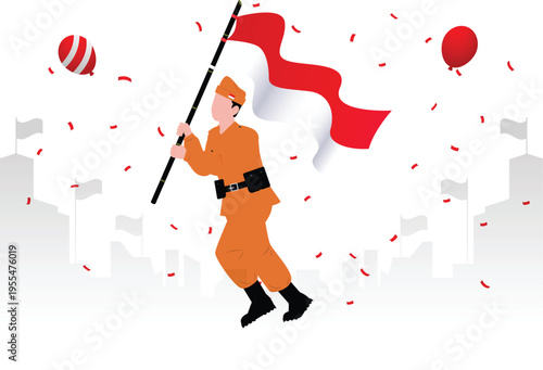 Indonesia Independence Day Illustration Set – Merdeka Celebration, Flag Waving, Patriotic People, 17 August Flat Vector Characters Red White Theme