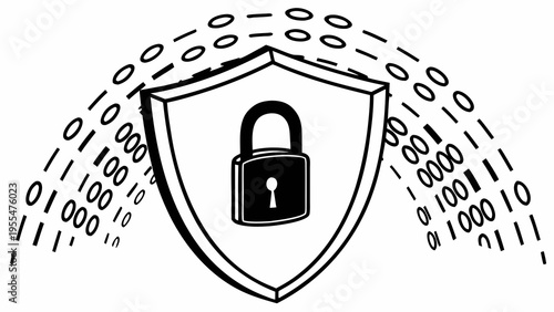 Digital security shield protects binary code data stream with a central padlock icon.