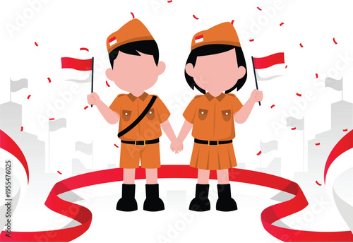 Indonesia Independence Day Illustration Set – Merdeka Celebration, Flag Waving, Patriotic People, 17 August Flat Vector Characters Red White Theme