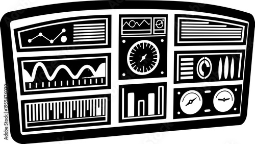 Black and white futuristic control panel displays various data graphs and gauges.