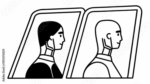 Two stylized figures are shown sitting side-by-side looking forward through angled window frames.