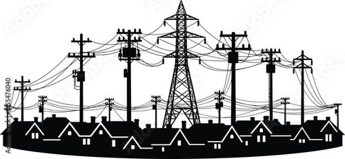 Residential neighborhood electrical grid, transmission tower silhouette, utility poles with transformers, urban power distribution artwork, energy infrastructure vector design