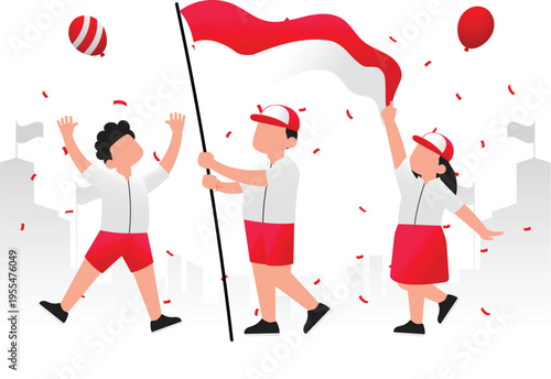 Indonesia Independence Day Illustration Set – Merdeka Celebration, Flag Waving, Patriotic People, 17 August Flat Vector Characters Red White Theme