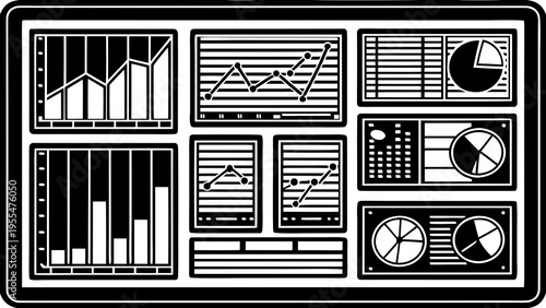 Complex digital dashboard displays multiple graphs and charts with varying data points and statistics.