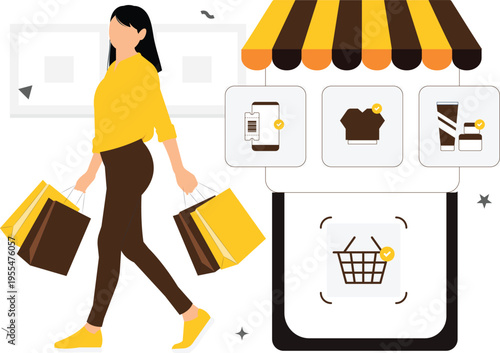 E-commerce Mobile App Illustration Set – Online Shopping, Buy Now, Product Listing, QR Code Payment, Flat Vector Characters Yellow Theme