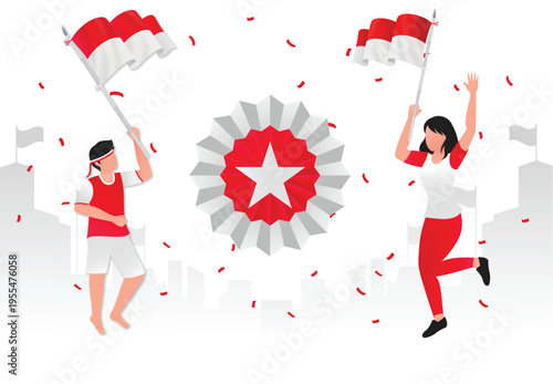 Indonesia Independence Day Illustration Set – Merdeka Celebration, Flag Waving, Patriotic People, 17 August Flat Vector Characters Red White Theme