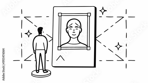 Man views a glowing digital portrait card within a dashed virtual reality measurement field.