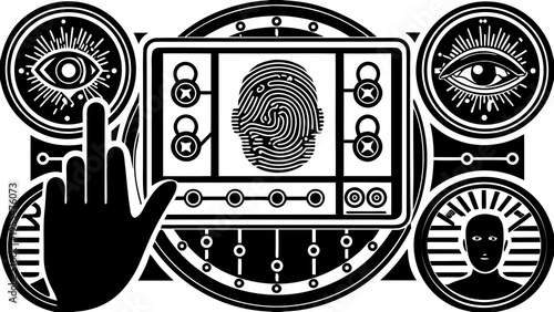 Finger interacts with a futuristic interface featuring a central fingerprint and surrounding watchful.