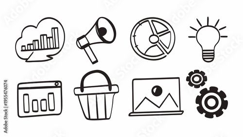Doodle icons represent marketing concepts like charts, lightbulbs, and shopping baskets.