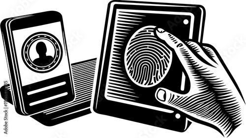 Hand scans a fingerprint on a tablet next to a smartphone displaying an ID card.