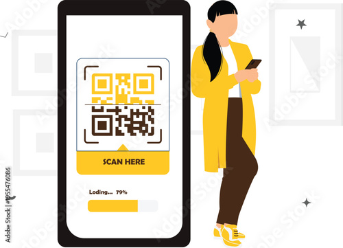 E-commerce Mobile App Illustration Set – Online Shopping, Buy Now, Product Listing, QR Code Payment, Flat Vector Characters Yellow Theme