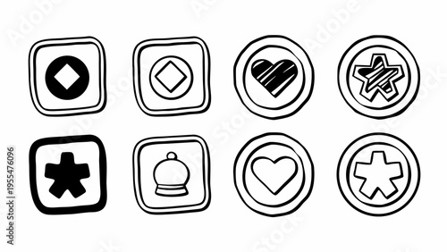 Eight unique hand-drawn achievement badges include hearts, stars, a chess piece, and geometric shapes.