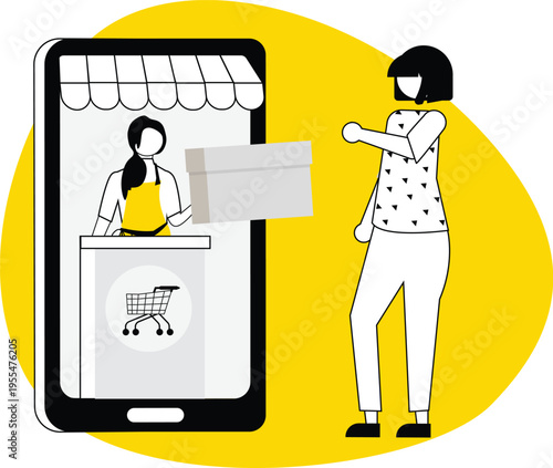 Modern E-commerce Shopping Illustration Set – Online Store, Mobile Shopping, Cart, Discounts, UI UX Flat Vector Characters Yellow Theme