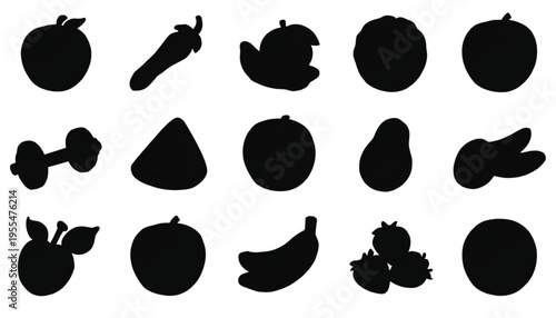 Varied silhouettes of fruits, vegetables, and a dumbbell are arranged on a clean white background.