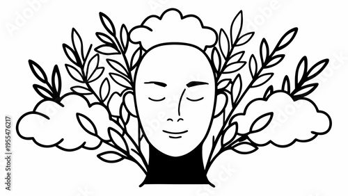 A serene, bald face is framed by dark leaves and soft, volumetric clouds suggesting deep thought.