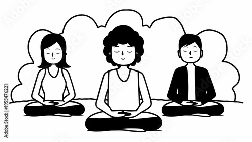 Three diverse people sit in quiet meditation poses against a soft, cloud-like background.