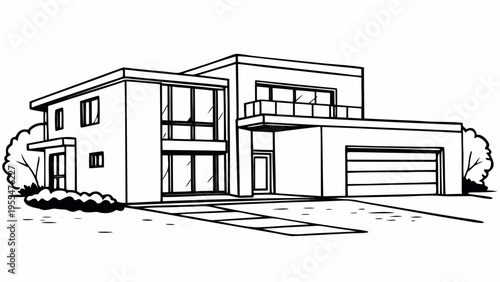 Modern two-story suburban house exterior features large windows and an attached garage.