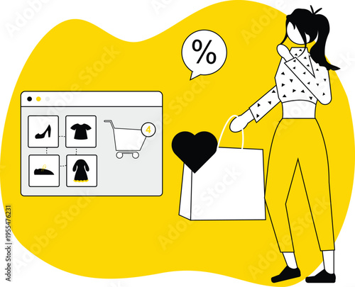 Modern E-commerce Shopping Illustration Set – Online Store, Mobile Shopping, Cart, Discounts, UI UX Flat Vector Characters Yellow Theme