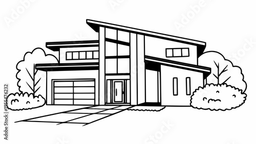 Modern suburban home features sharp angles, large windows, and a two-car garage entry.