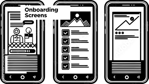 Three smartphone screens display onboarding sequences with checklist and data visualization elements.