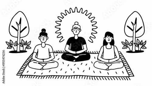 Three people meditate peacefully outdoors on a patterned rug under a radiant halo.